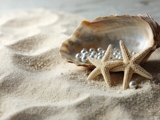 Seashell and Starfish with Pearls on Golden Sandy Beach