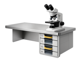 Quality control desk with a built-in microscope and sample storage drawers for a biological research lab