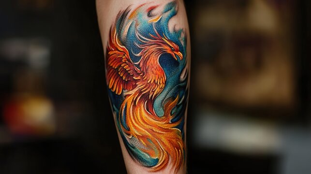 A colorful tattoo featuring a phoenix rising from flames.