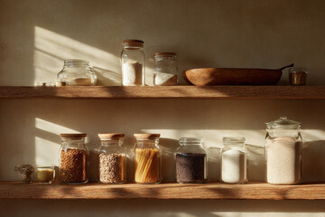 Sunlight illuminates jars of dry goods on rustic shelves. Concept of pantry storage and zero waste lifestyle for blogs, design, and websites.