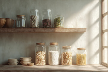Pantry shelves showcase diverse dry goods. Use for kitchen design, food blogging, culinary content, recipe creation.