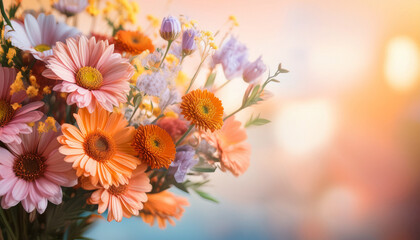 vibrant floral bouquet showcasing blooming flowers in warm hues on a soft pastel backdrop celebrating nature s beauty