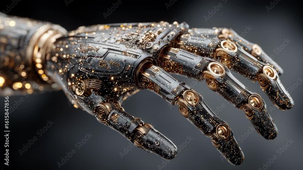 Poster futuristic robotic hand showcasing intricate circuitry and metallic design, symbolizing advanced tec