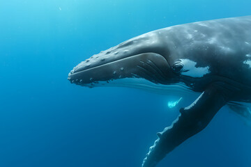 Humpback Whale Swimming in Deep Blue Ocean Showcasing Majestic Marine Wildlife