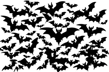 A large swarm of flying black bats in silhouette formation, isolated on a white background. Spooky nocturnal animal illustration for Halloween.