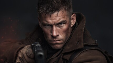 Obraz premium Soldier aiming weapon battlefield portrait dark environment intense