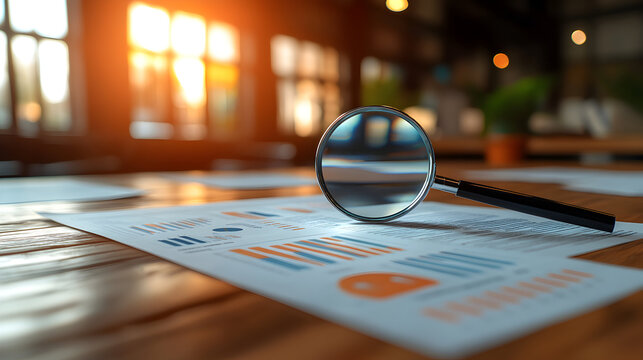 Magnifying glass on financial documents on a wooden desk