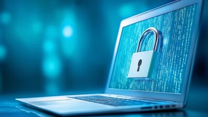 Padlock icon overlaid on laptop screen with binary code background, symbolizing digital security and data encryption in blue technological environment. - Powered by Adobe