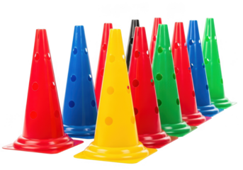 Colorful sports training cones arranged in a row isolated on transparent background
