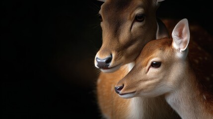 Two deer stand close together in a dark setting. Their gentle eyes and soft fur create a warm feeling. This image captures the beauty of nature. Perfect for wildlife themes. AI
