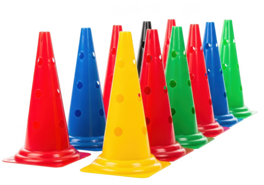 Colorful sports training cones arranged in a row isolated on transparent background