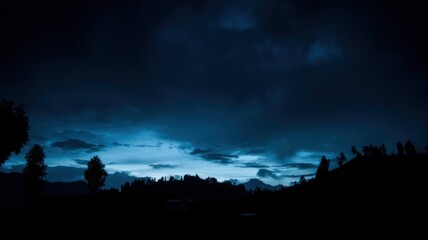 Evening sky with a mix of light and dark clouds during twilight, deep blue hues,