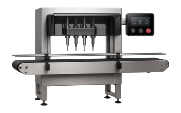Linear liquid filling machine with a conveyor belt for a chemical manufacturing plant.