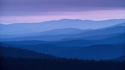 Obraz premium Serene landscape with rolling hills and forests in gradient blues and purples, dark tree silhouettes in foreground,