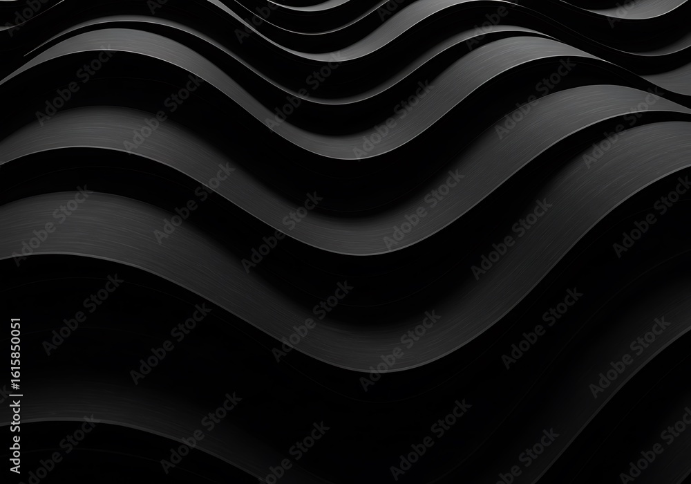 Poster abstract dark undulating waves, layered black curves, flowing three-dimensional pattern, textured su