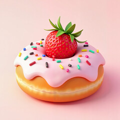 Donut with strawberry and sprinkles on pastel pink background  