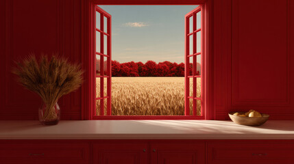 a red kitchen with open window and seeing wheat farm that window