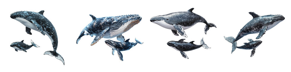 Fototapeta premium A group of four humpback whales swimming, showcasing their distinct body shapes and patterns.