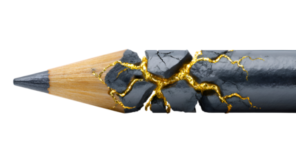 Broken Graphite Pencil with Golden Cracks on Black Background Detailed Close Up Image of Shattered Writing Tool Showing Texture and Fragmentation