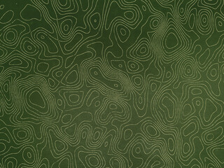Abstract topographic map pattern on a textured dark green background, representing elevation lines...