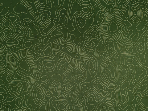 Abstract topographic map pattern on a textured dark green background, representing elevation lines and contour data for geographical exploration and scientific study.