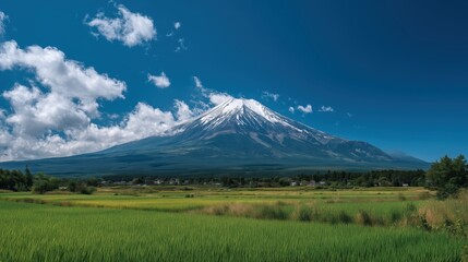 Fototapeta premium Scenic View of Mount Fuji in Lush Green Countryside