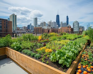 Fototapeta premium A rooftop garden with a view of the city