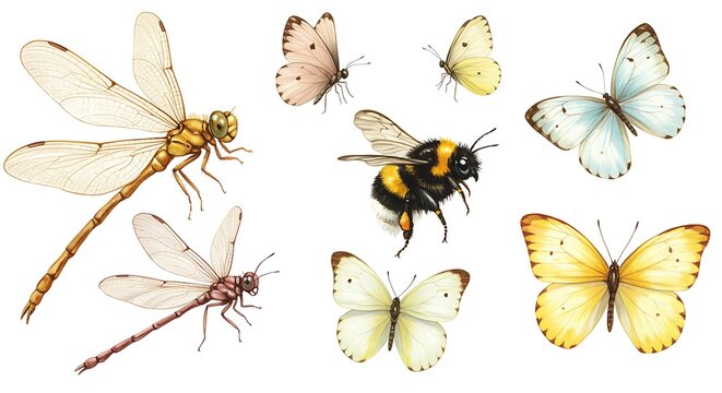 Watercolor illustration of various insects including dragonflies butterflies and bumblebee isolated