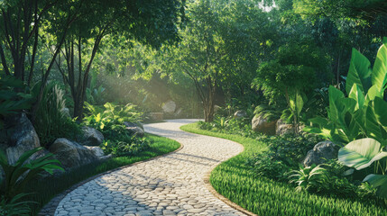 Winding stone path through lush green forest with vibrant plants in morning light