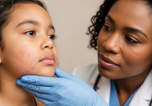 Female doctor examines child with skin condition