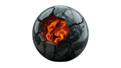 Stunning cracked sphere reveals glowing molten core symbolizing power, destruction and hidden energy in a dramatic abstract concept