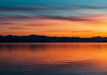 Obraz premium A breathtaking sunset reflects in calm water, with mountains silhouetted against vibrant colors.