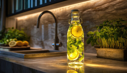 Refreshing lemon and mint water in a glass bottle glowing on a kitchen counter at night