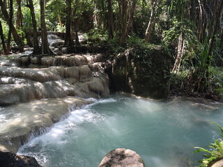 Naklejka premium Cascade of Serenity: A pristine cascade gracefully descends into a tranquil turquoise pool, embraced by lush, vibrant forestry, creating a soothing spectacle. 