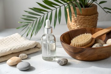 A glass bottle of facial serum with a dropper, Spa Essentials.