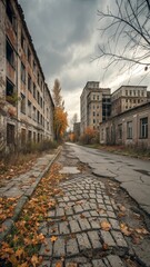 Obraz premium Abandoned soviet era apartment buildings and street in autumn