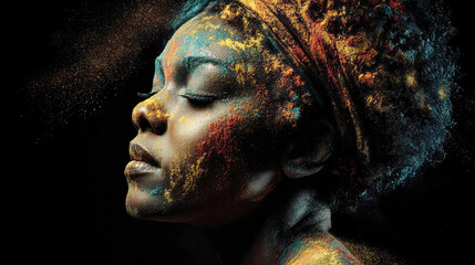 Portrait of a woman covered in vibrant colors, celebrating culture in a dramatic lighting setting