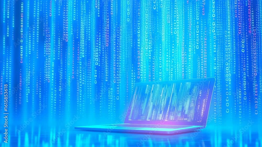 Poster laptop with digital matrix code background representing technology, data flow, and digital innovatio