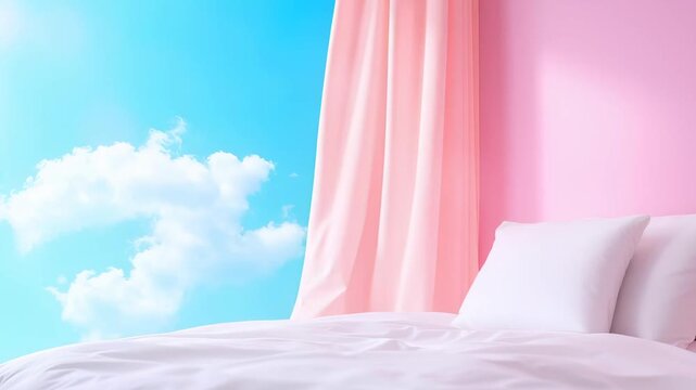 White bed with rumpled sheets near pink curtain and blue sky with fluffy clouds. Soft pastel color palette creates dreamy interior atmosphere. Bright daylight streaming through window.