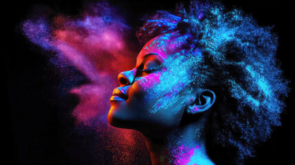 Colorful powder bursts highlight joyful expression of a young woman in artistic moment