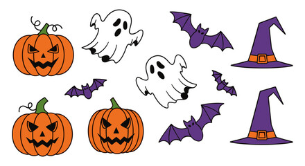 Whimsical Halloween illustration featuring carved pumpkins, friendly ghosts, flying bats, and witch hats on a white background.