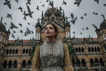 Obraz premium young indian woman stands near the CST railway station in mumbai