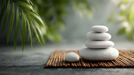 Stacked stones on a bamboo placemat, serene and peaceful.