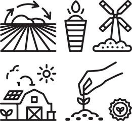 Sustainable Agriculture Outline Icon Set – Eco Farming, Renewable Resources, and Crop Rotation Symbols