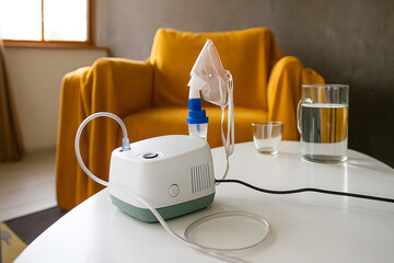Nebulizer Device on Table Next to Water Glass Representing Respiratory Therapy and Home Healthcare