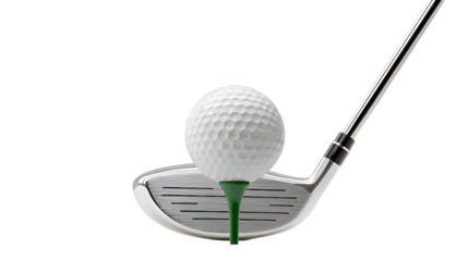 Close Up View of a Golf Ball on a Tee Ready to be Hit with a Driver Golf Club Against a Transparent Background, Showing a White Golf Ball, Green Tee
