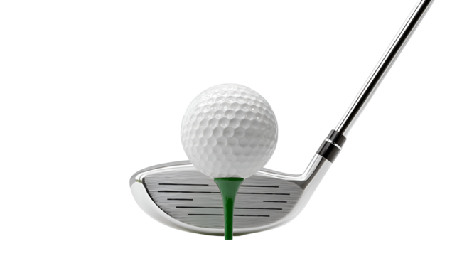 Close Up View of a Golf Ball on a Tee Ready to be Hit with a Driver Golf Club Against a Transparent Background, Showing a White Golf Ball, Green Tee