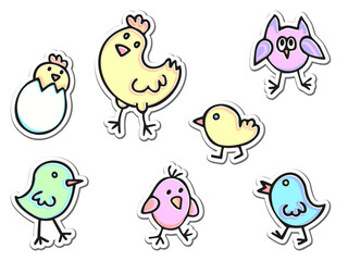 Fun cute colorful doodles set of kids animals stickers. Birds, owl, chick,  egg, bird, chicken, hen. Hand drawn doodle children's elements