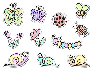 Fun cute colorful doodles set of kids animals stickers. Butterflies, flowers, snails, beetle, bug, ladybug, worm, caterpillar, bee, wasp, bumblebee, insects. Hand drawn doodle children's elements