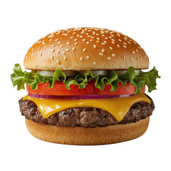Delicious cheeseburger featuring melted cheddar, fresh lettuce, and ripe tomatoes on a sesame seed bun.